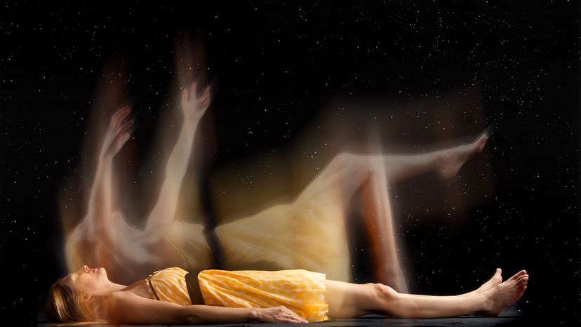 A woman's consciousness floating above her body. 