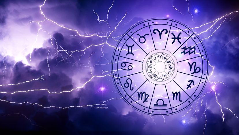 Zodiac signs inside a horoscope circle in the sky. 