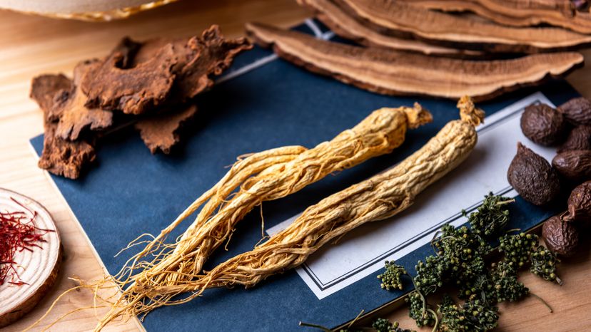 Traditional Chinese herbs on a table. 