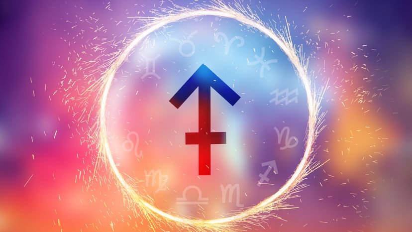 A Sagittarius symbol drawn on a colorful background. 