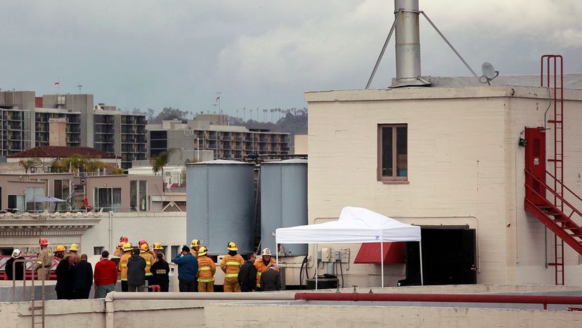 Authorities gathered on the roof of the Cecil Hotel in downtown Los Angeles after the discovery of Elisa Lam's body in the hotel's water tank. Jay L. Clendenin/Los Angeles Times via Getty Images