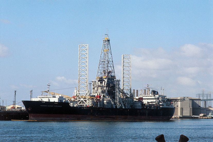 The Glomar Explorer ship, seen here in Long Beach harbor, was supposedly used by the CIA and Howard Hughes to search for and salvage a sunken Russian nuclear powered submarine from the Atlantic Ocean. Rolling Stone sued to get confirmation of the project, but was denied by the courts. Bettmann/Getty