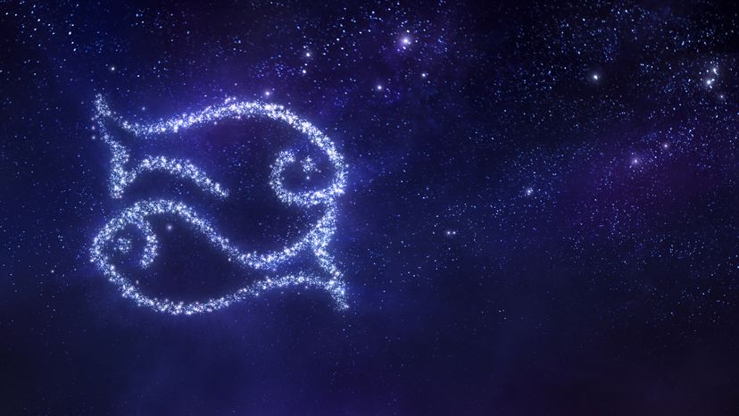 Pisces zodiac sign set against a dark blue sky. 