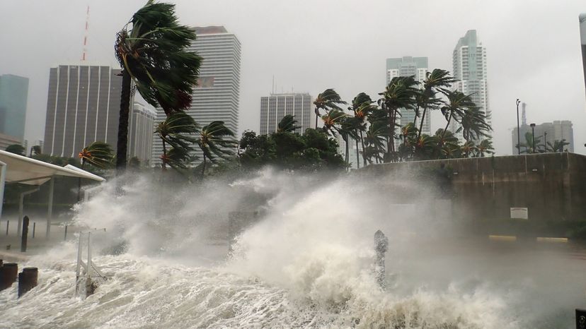 Hurricane blowing through a town; water and strong winds crashing on trees and buildings. 