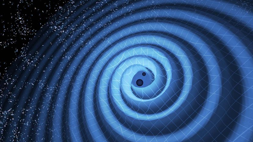 Two black holes spiral toward each other and send gravitational waves rippling outward