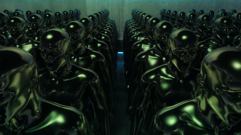 A group of super villain robots in a room. 