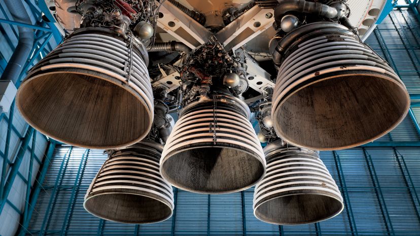 Close up on the rocket engine and exhaust pipes of Saturn 5 rocket.