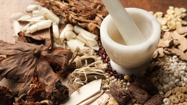 A variety of Chinese herbs laying on a table beside a small mortar and pestle. 