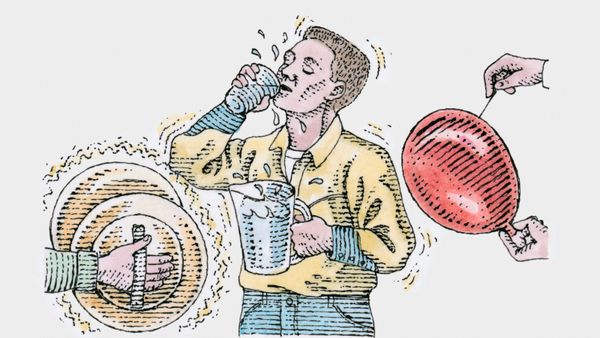 A cartoon image of a man drinking water trying to cure hiccups. 