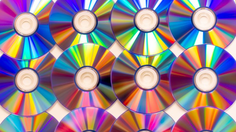 An arrangement of CD DVD reflecting light. 