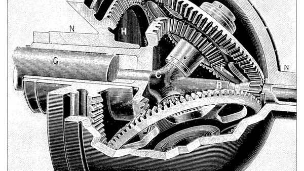 An antique illustration of an adaptor transmission gearbox.