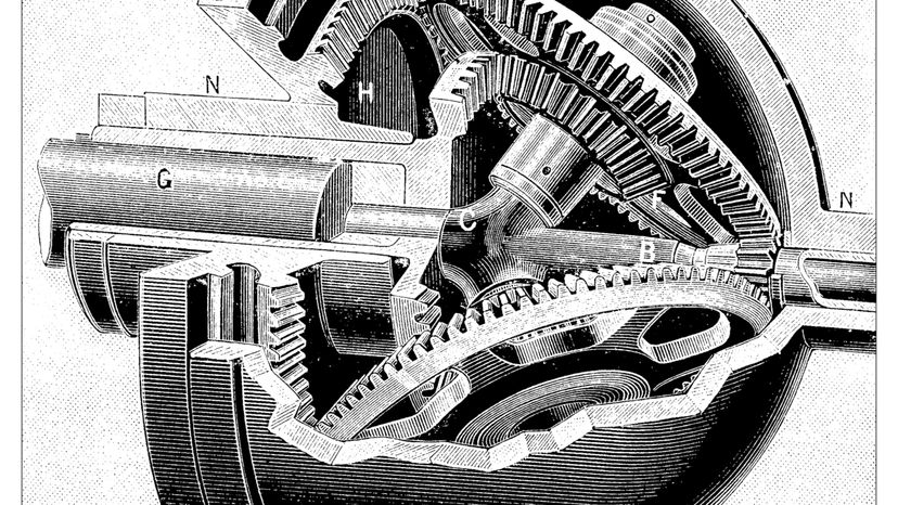 An antique illustration of an adaptor transmission gearbox.