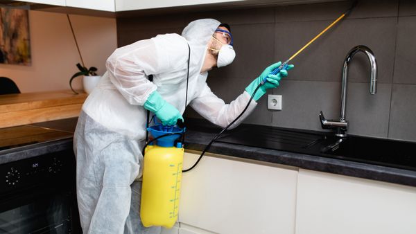 A professional exterminator, wearing protective gear while spraying pesticide in a kitchen. 
