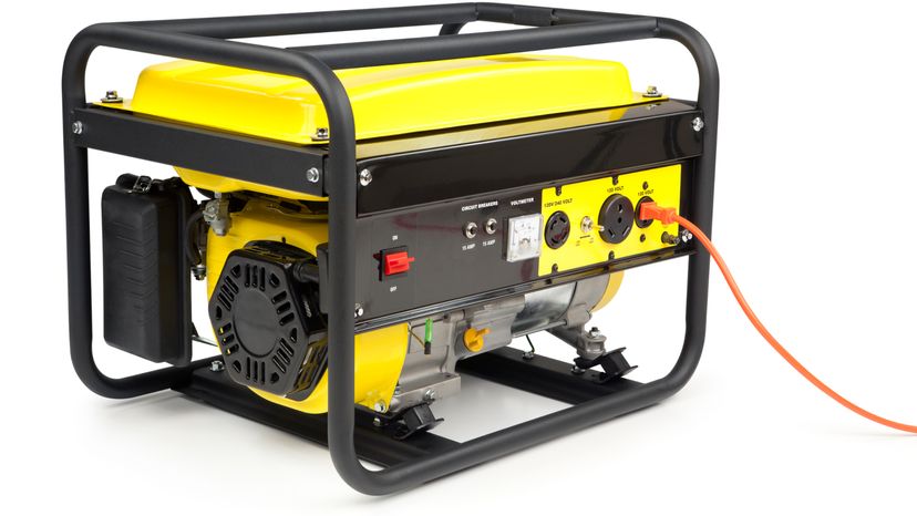 A yellow gasoline powered generator against a white background. 