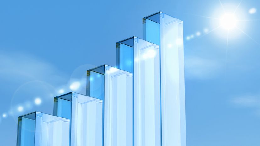 Glass pillars forming a bar chart against a blue sky. 