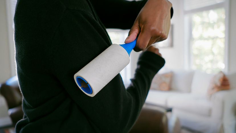 Woman Cleaning Black Clothes With Lint Roller Or Sticky Roller