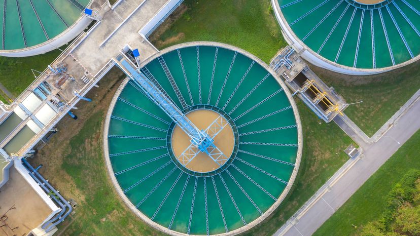 Aerial view of a water treatment plant.