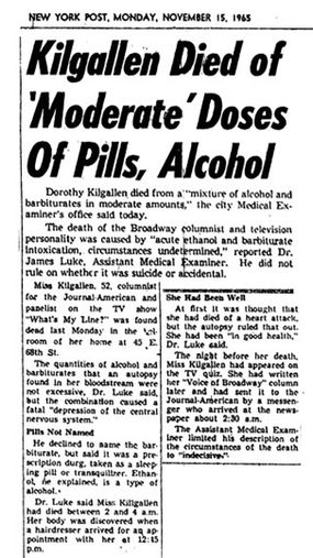Dorothy Kilgallen newspaper clipping about her death	