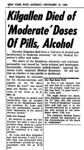 Dorothy Kilgallen newspaper clipping about her death 