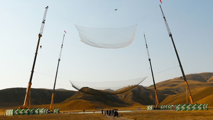 Skydiver Luke Aikins about to land safely after jumping 25,000 feet