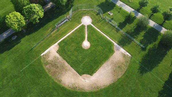 An aerial view of a baseball diamond. 