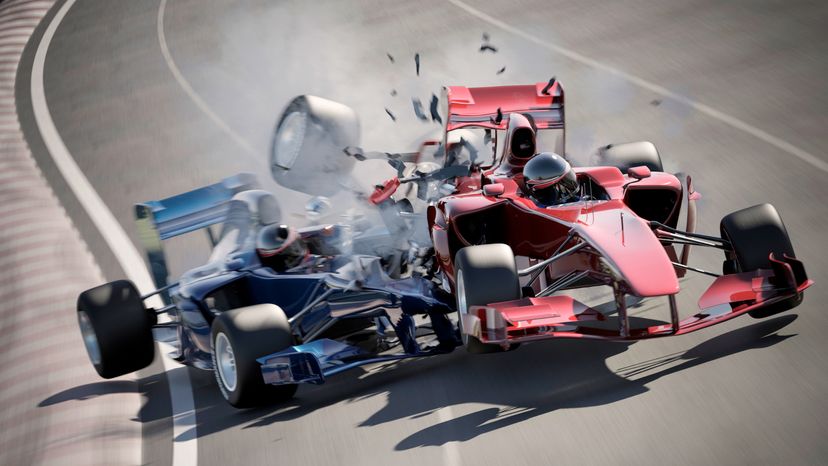 Two race cars colliding.  