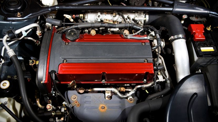 The engine of a Mitsubishi car. 