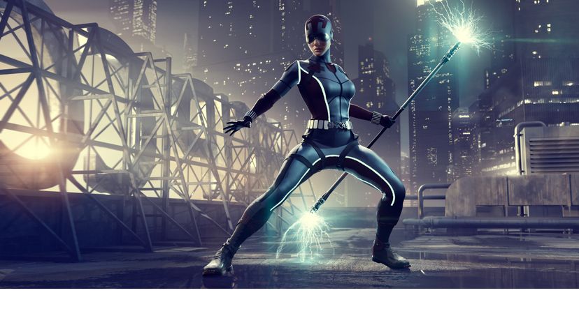 A female superhero holding a staff with electrical sparks. 