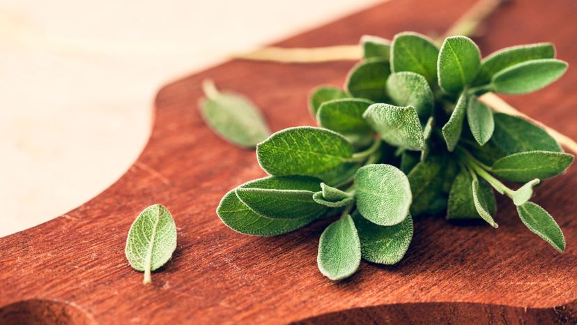 Fresh sage leaves on a wooden cutting board. 