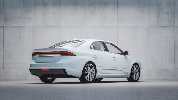 A 3D image of a white car in front of a concrete wall. 