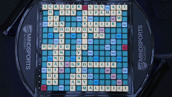 Scrabble World Championship final match winning board on display at Westfield White City, London