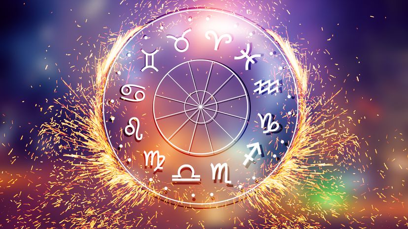Zodiac signs inside a horoscope circle. 