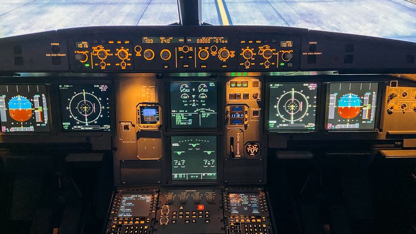 A picture of an airplane's cockpit. 