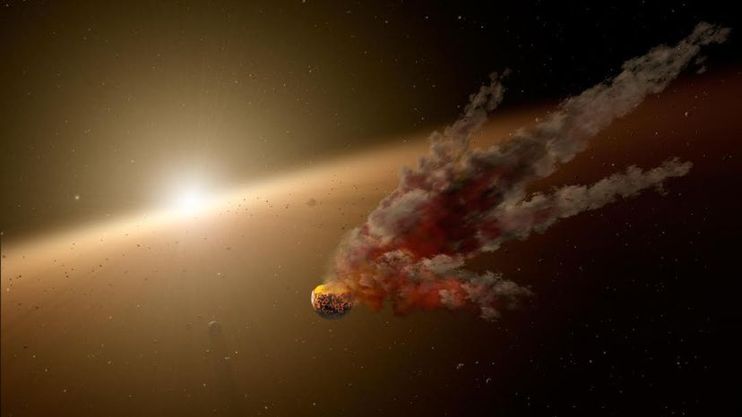 一颗行星和一颗原行星碰撞的艺术家印象。天文学家认为，这样的碰撞可能会导致虎斑猫的恒星变暗。＂border=