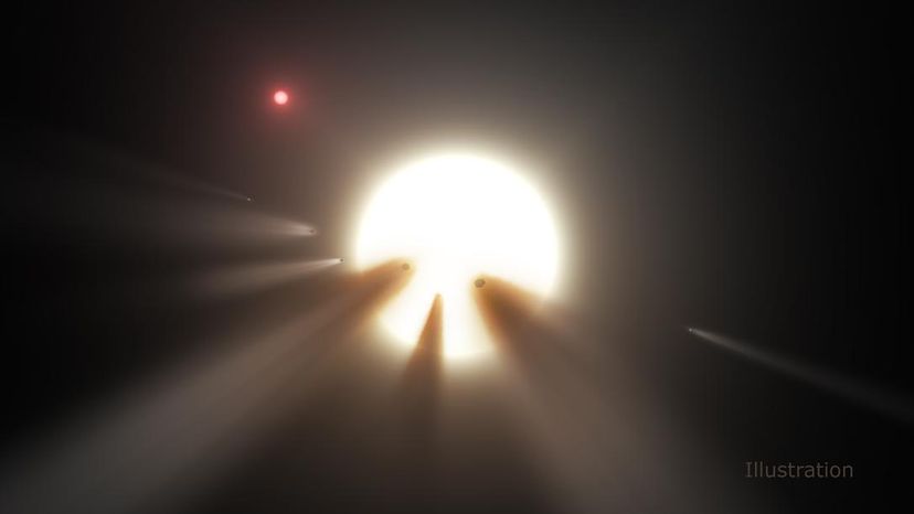 艺术家的概念，一群彗星围绕着一颗恒星。彗星群曾经是虎斑星异常变暗的主要解释之一，但天文学家还没有找到任何证实这种彗星群的证据。图片由NASA/JPL-Caltech提供＂width=