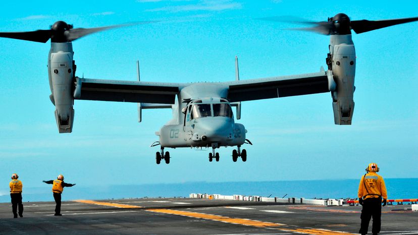 A U.S. Marine Corps MV-22 Osprey aircraft preparing to land. 