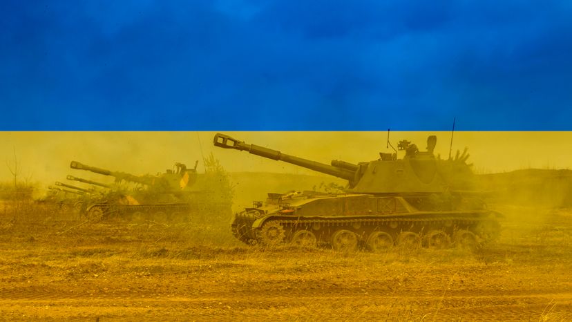An armored tank on a field on a blue and yellow background. 
