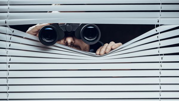 Spy peeking through blinds, watching surveillance.