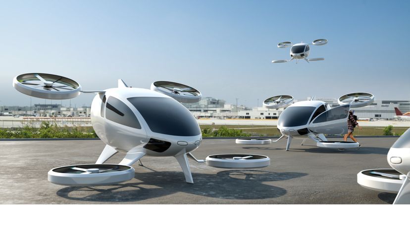 A fleet of futuristic helicopters. 