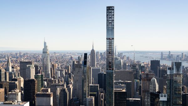 An aerial photo showing tall buildings in Central Park South. 