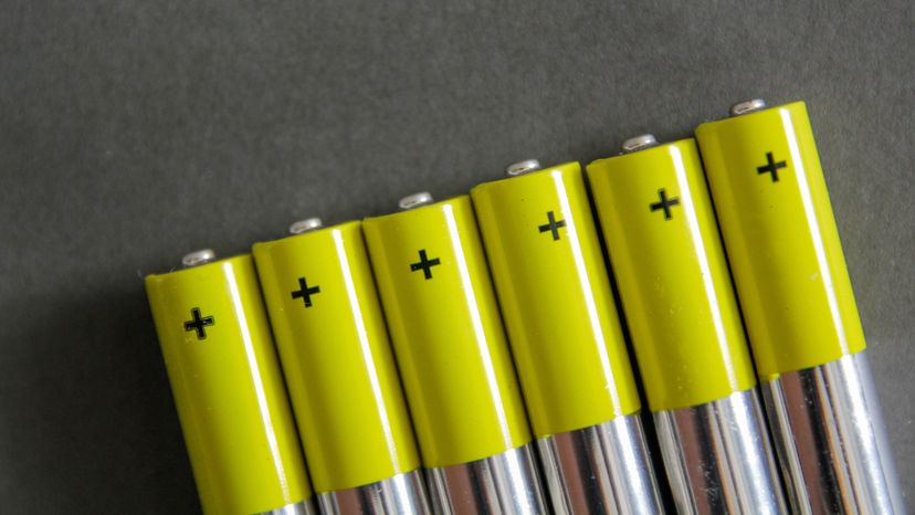 Six yellow batteries arranged in a line. 