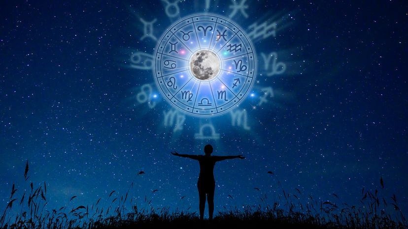 Zodiac signs inside a horoscope circle in the sky. 