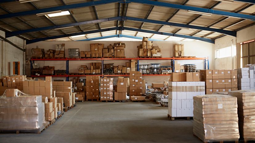 A warehouse at glass factory with products ready to be shipped.