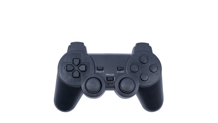 A Black PlayStation game pad. 