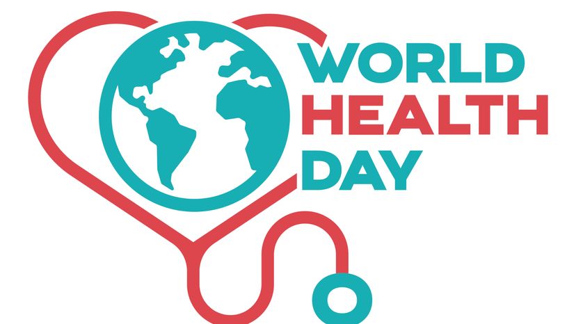 A globe surrounded by a stethoscope, with 'word health day' written beside.  