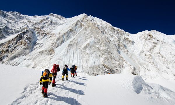 Exploring snowy mountains on a hike.