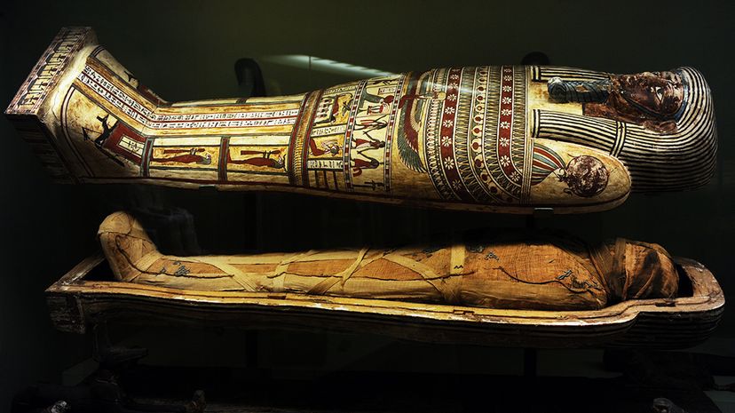 A sarcophagus and mummy from the later Ptolemaic Period (664-30 B.C.E.) on display at the National Museum of Denmark. Prisma/UIG/Getty Images