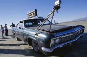 A camera rig on the original rocket car from season one of "MythBusters"”border=