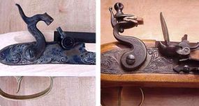 A percussion-cap gun (left) and a flintlock gun (right), two important steps on the way to modern firearms