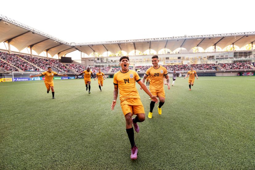 Overjoyed adult male football player sprints down grass field in a vast athletic stadium and shouts excitedly in celebration after scoring a goal in significant soccer match. The crowd cheers in celebration